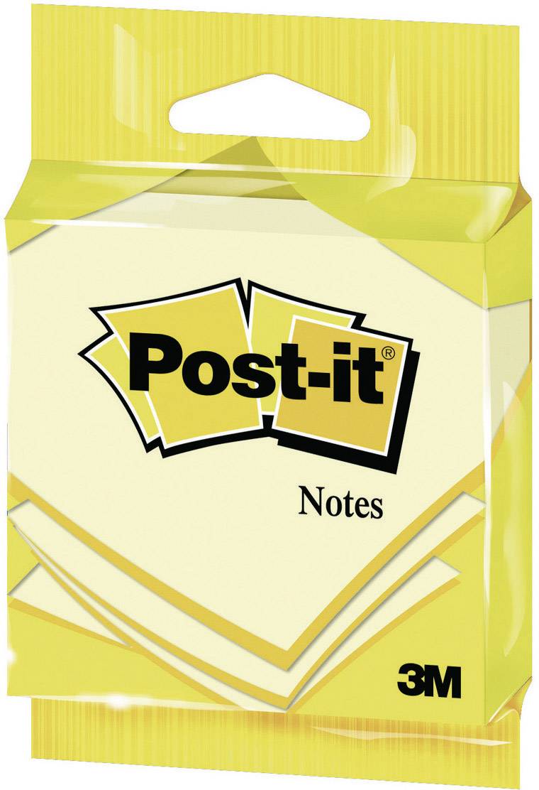 Žlutý obal s nápisem 'Post-it Notes' a logem 3M. Obsahuje žluté lepicí poznámkové lístky.