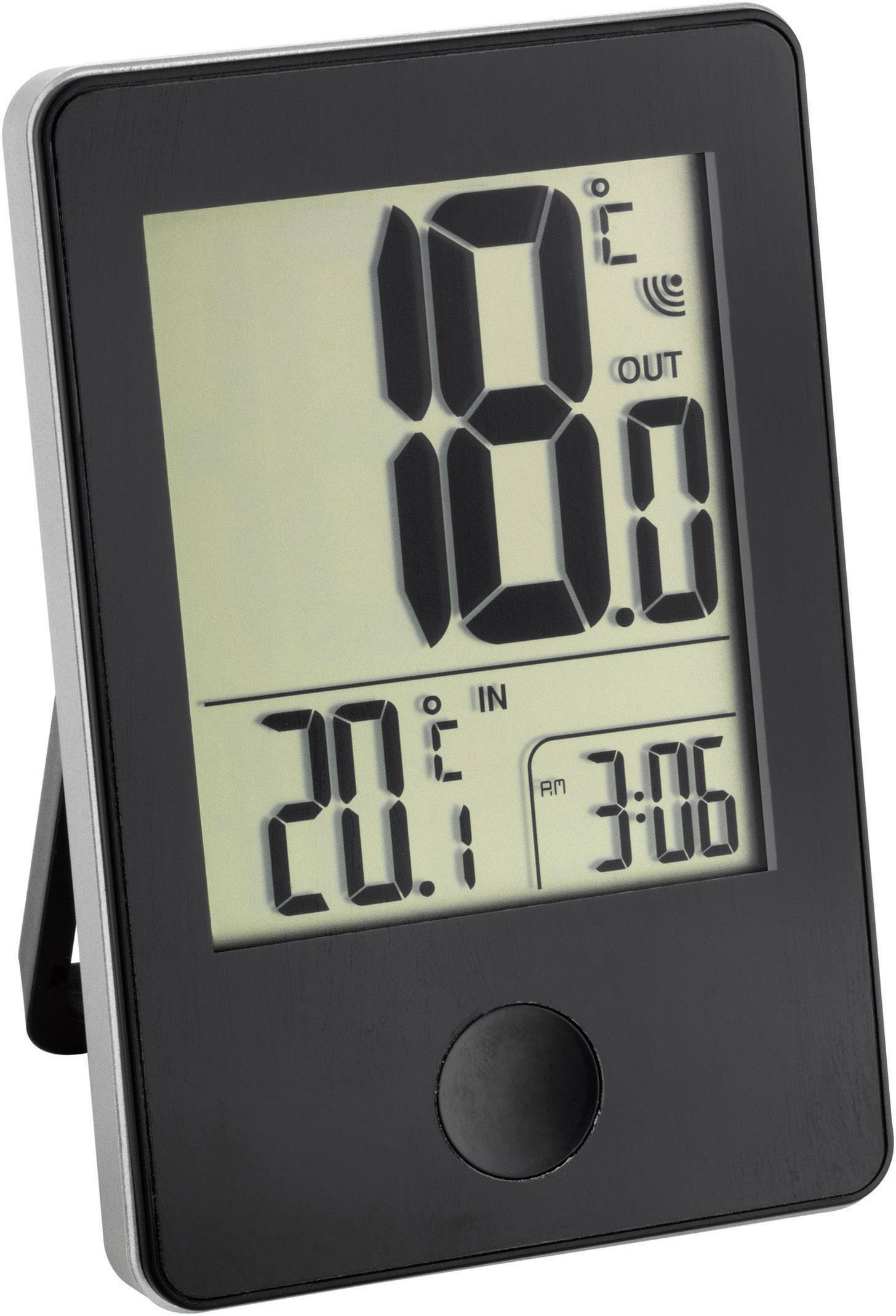 Digitální teploměr s velkým displejem zobrazuje vnitřní teplotu 20,1°C, venkovní teplotu 18,0°C a čas 3:06.