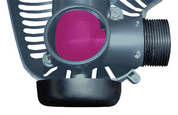 Close-up of a technical component with a grey housing and a pink insert, presumably part of a valve or connection system.
