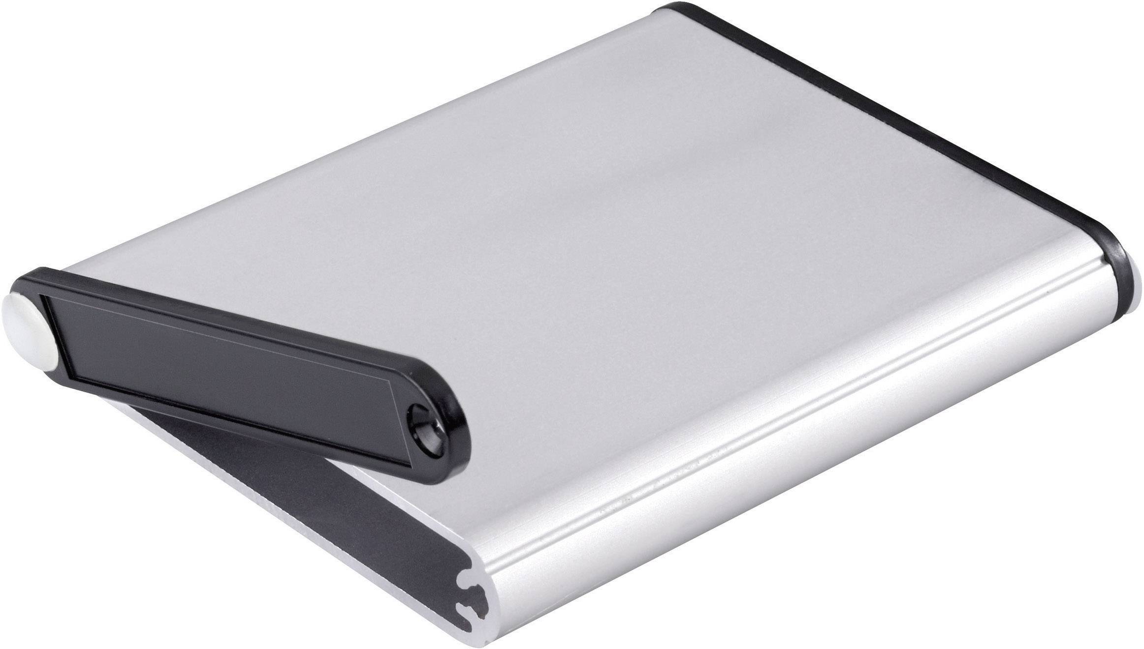 Stříbrný, plochý, obdélníkový stojan s černým sklopným mechanismem pro laptopy nebo tablety.