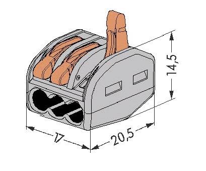 Elektrický konektor se dvěma svorkami. Rozměry: šířka 20,5 mm, výška 14,5 mm, hloubka 17 mm. Pouzdro šedé, páka oranžová.