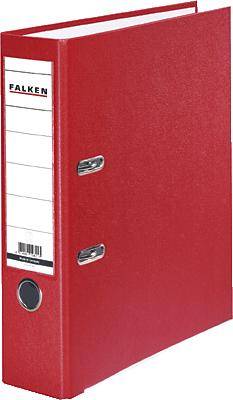 Červená pořadač se dvěma pákovými mechanismy a štítkem "FALKEN". Vhodný pro organizaci dokumentů.