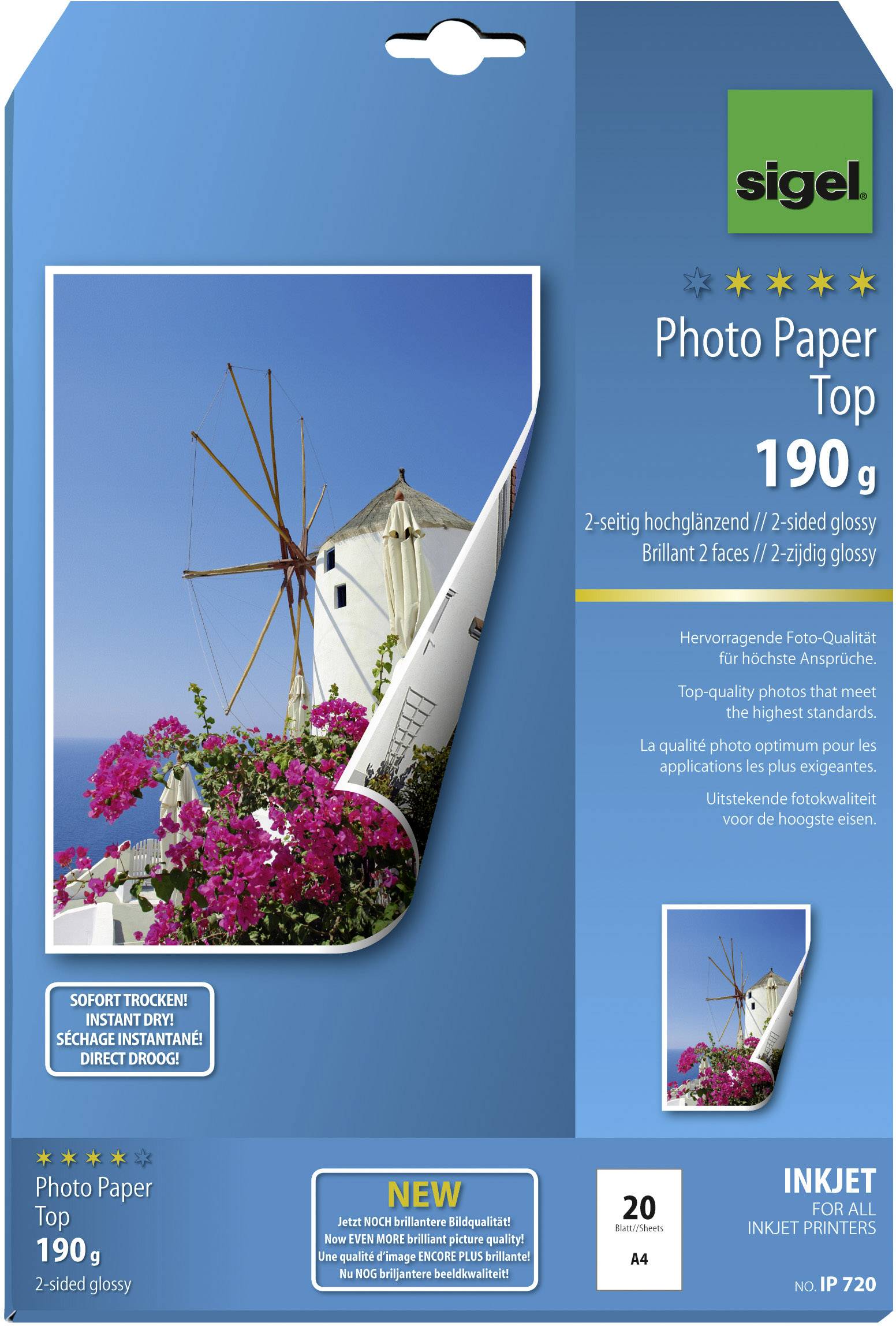 Fotografický papír Top 190 g, oboustranně vysoce lesklý, 20 listů, formát A4. Vynikající fotografická kvalita, rychle schnoucí, sytné barvy.