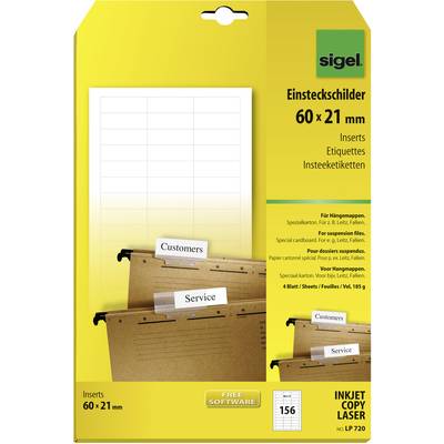 Balení štítků Sigel pro vkládání, 60 x 21 mm, s vyobrazením závěsných pořadačů a štítků pro kancelářské uspořádání.