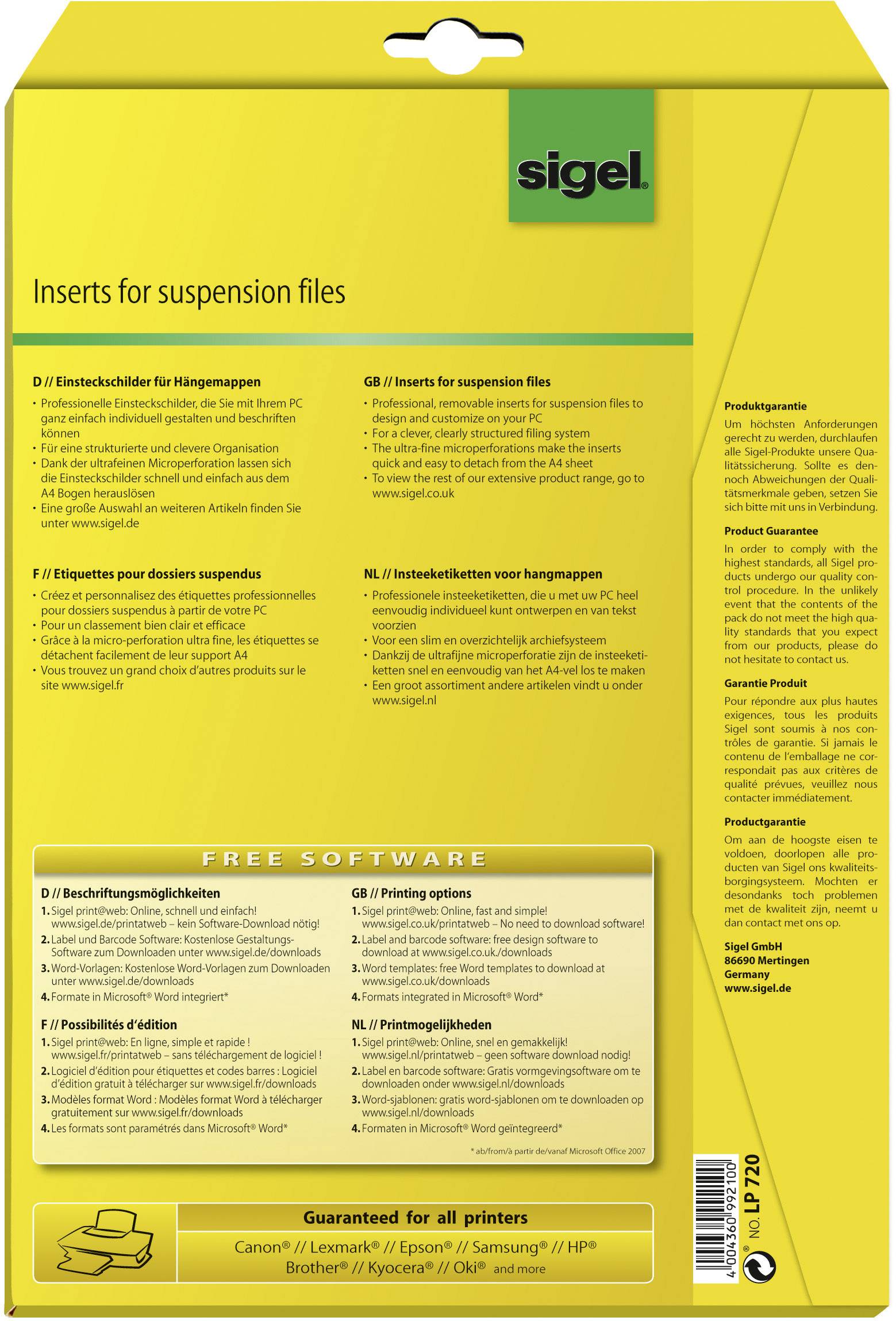 Zadní strana obalu od společnosti Sigel, žluté pozadí s textem o vkládacích štítcích do závěsných desek. Obsahuje informace o produktu a upozornění k softwaru.