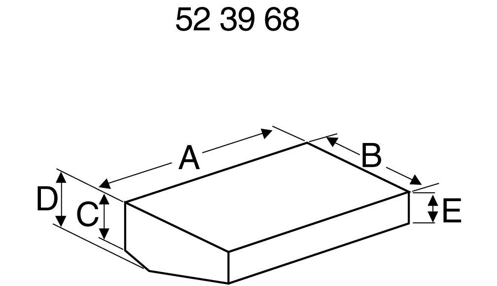 '52 39 68' zobrazuje 3D tvar s rozměry: A, B, C, D, E zahrnují šířku, hloubku a výšku tvaru. Šipky označují dimenze.