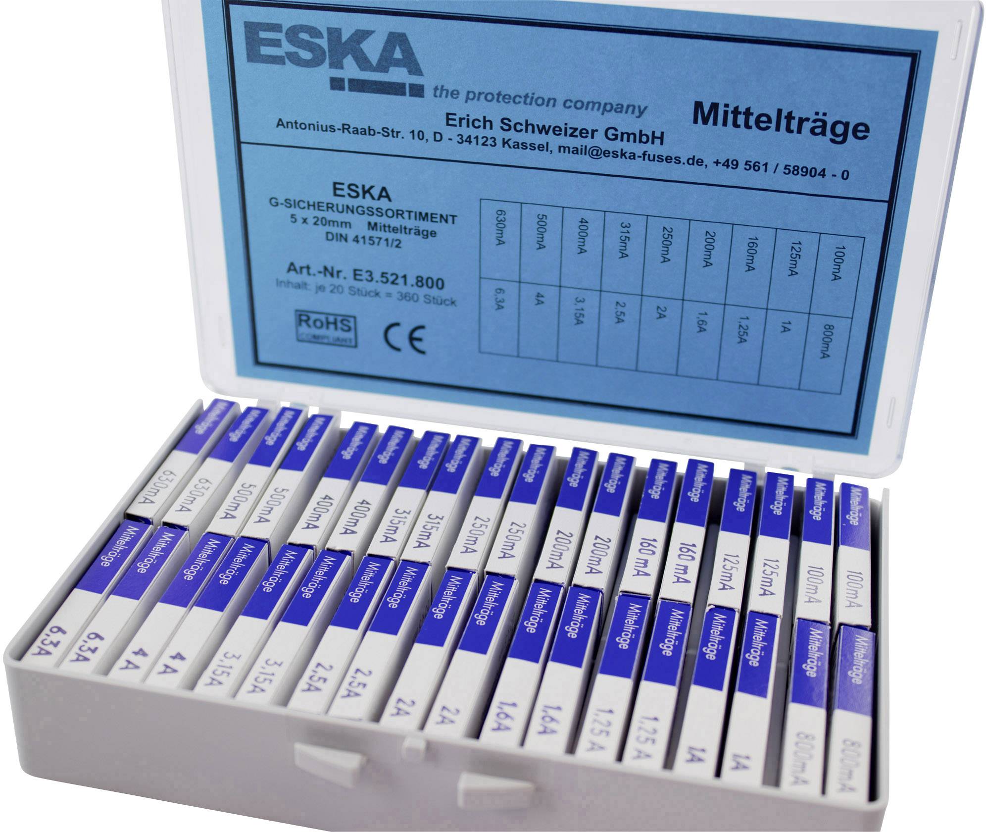 Otevřená krabice s modrými a bílými pojistkami značky 'ESKA', model 'Středně náročné', od společnosti Erich Schweizer GmbH.