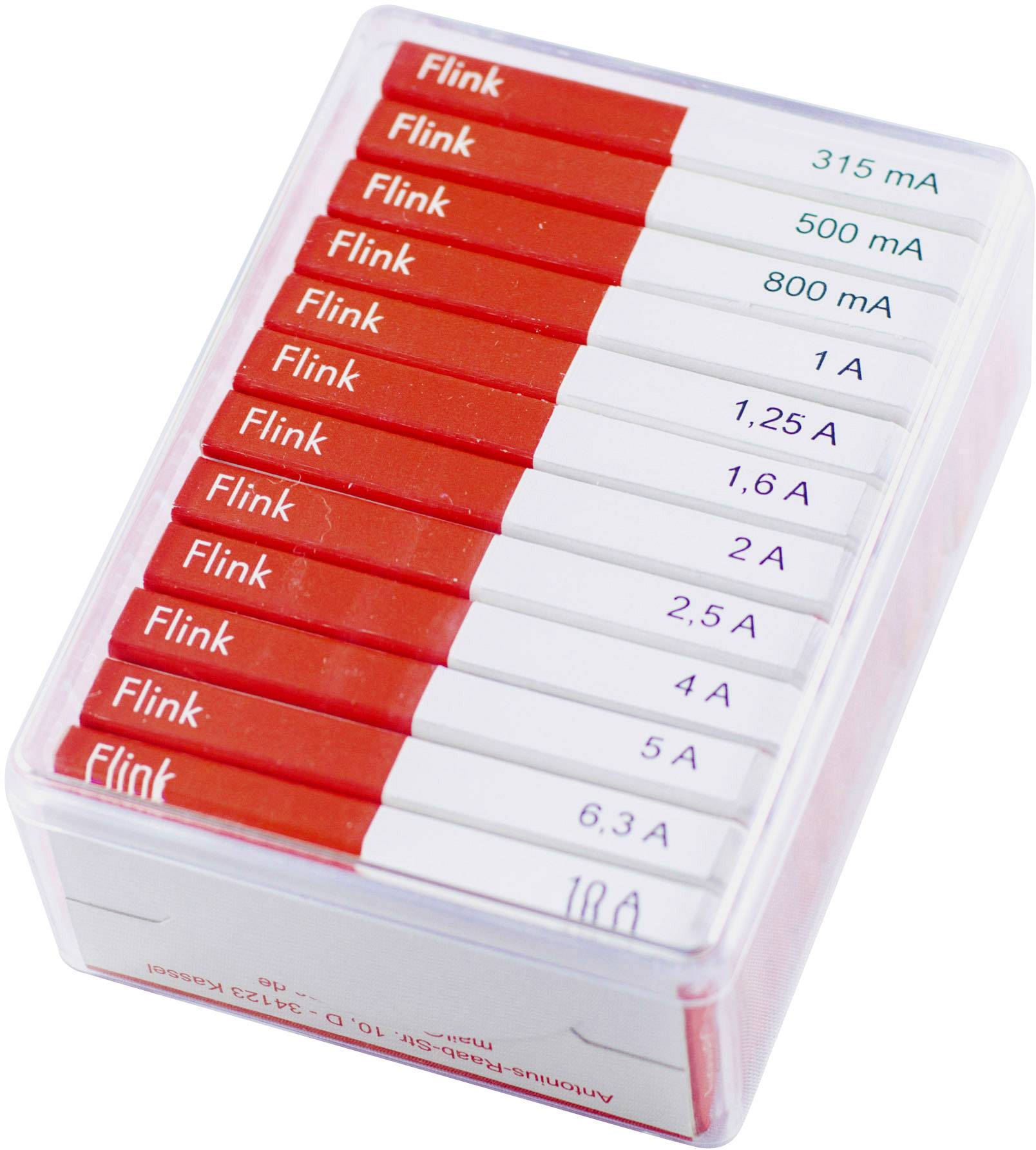 Plastikový box s červenými a bílými pojistkami Flink v různých hodnotách ampérů od 315 mA do 10 A, umístěnými vedle sebe.