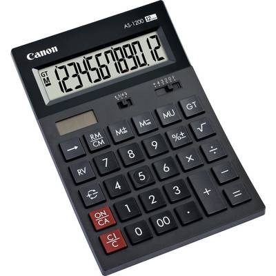 Černá kalkulačka s displejem zobrazujícím '1234567890.12', obsahující funkční tlačítka jako CE, M+ a GT.