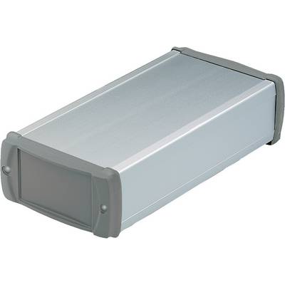 Kovový plášť s plastovými krytkami na koncích, vhodný pro elektronická zařízení nebo DIY projekty.