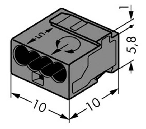 Technický výkres elektrického konektoru s rozměry 10x10x5,8 mm, zobrazující vstupní otvory pro vodiče a značení.