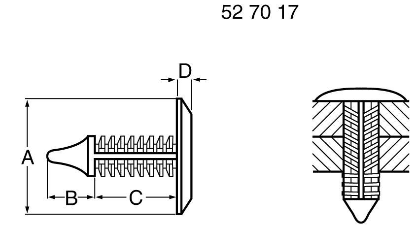 Diagram plastové upevňovací součásti z boční a řezné perspektivy. Rozměry: A=10 mm, B=5 mm, C=18 mm, D=3 mm. Katalogové číslo: 52 70 17.
