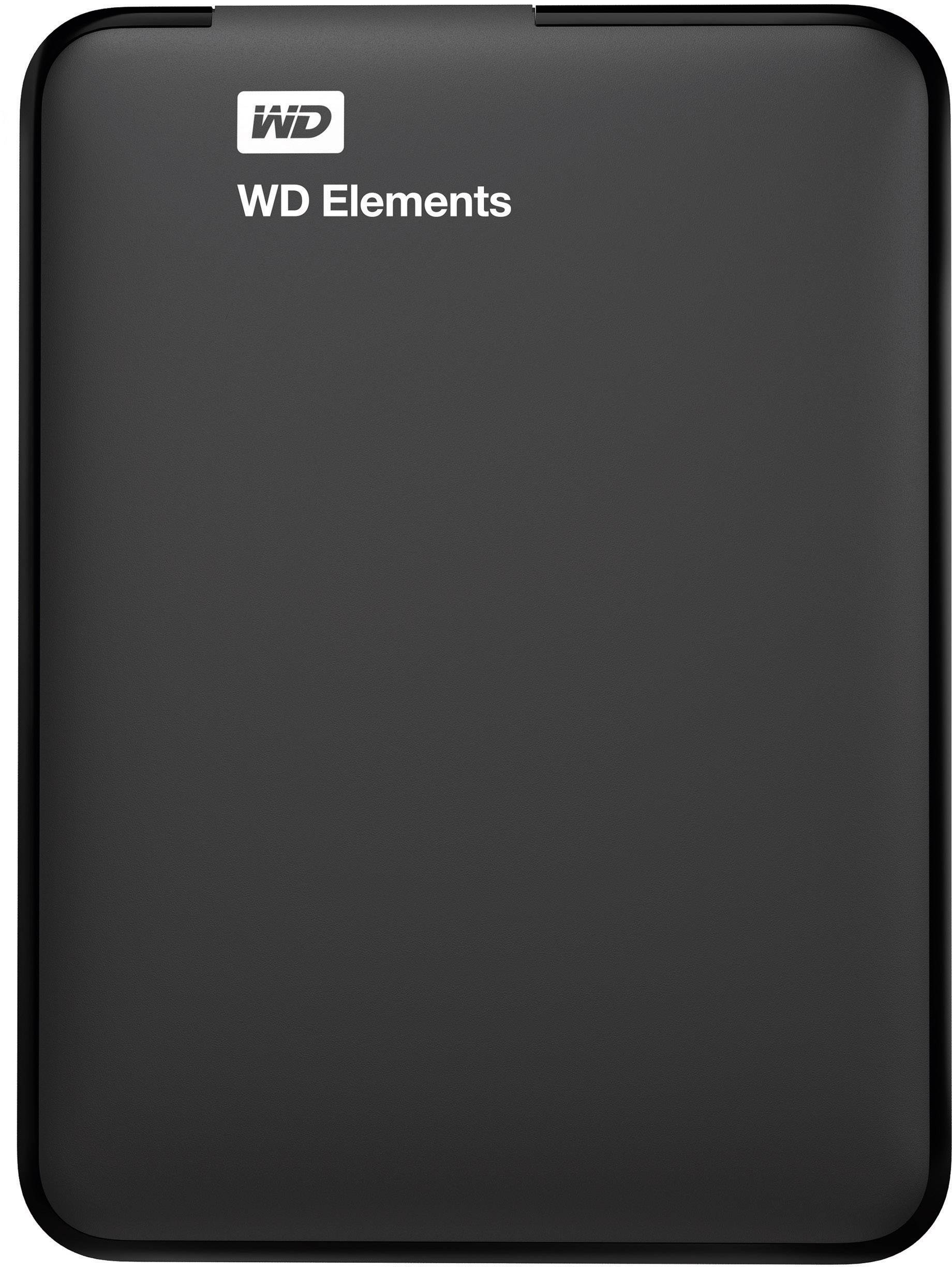 Externí pevný disk 'WD Elements' v černé barvě, pravoúhlý a kompaktní.