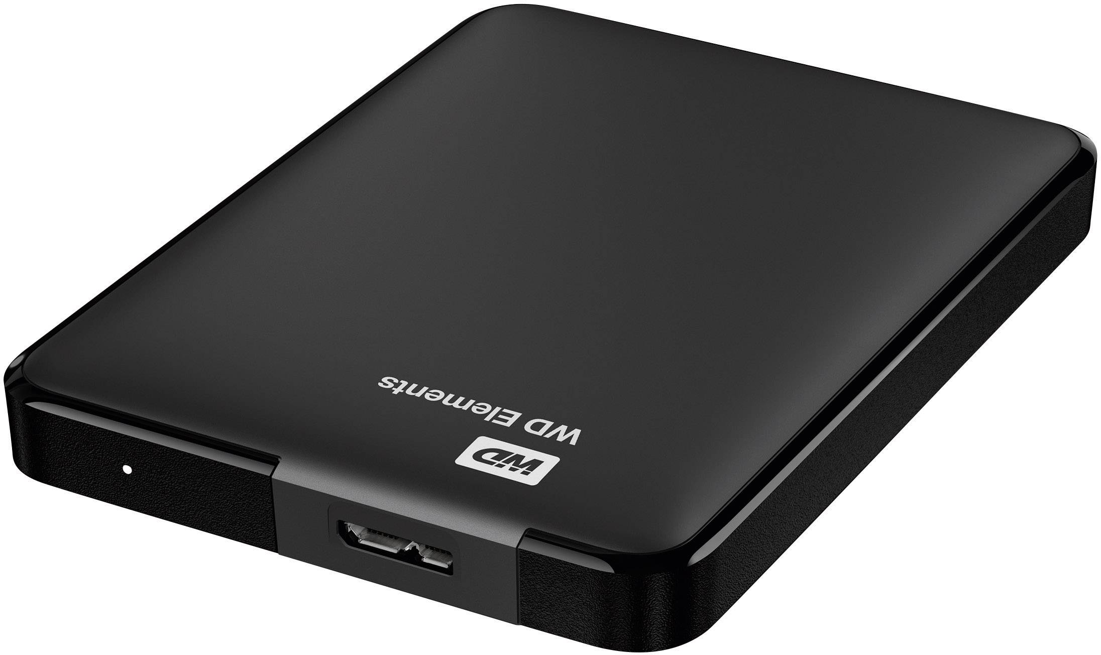 Černý externí pevný disk WD Elements. Obdélníkový design s USB portem na přední straně, určený pro ukládání dat.
