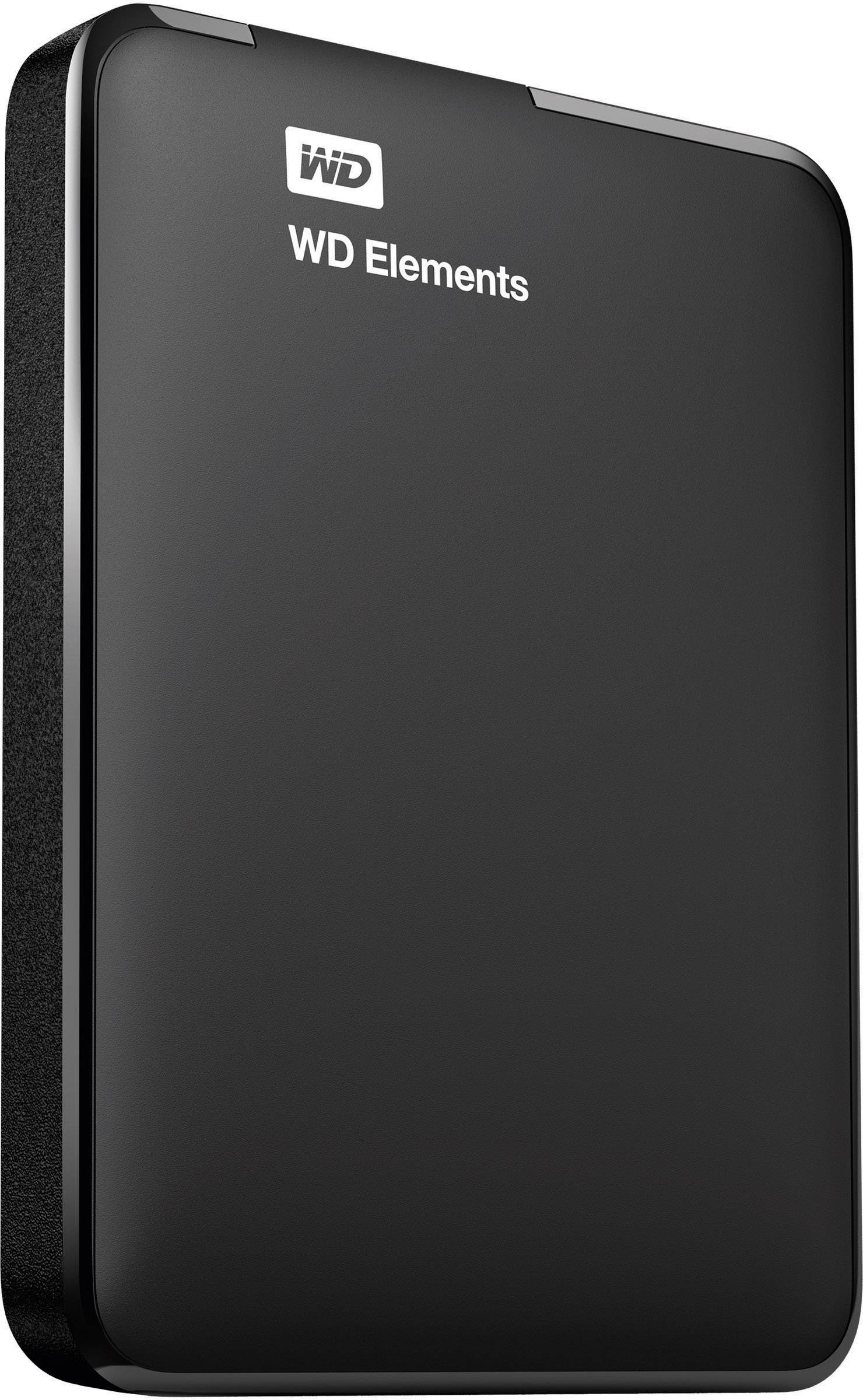 Externí pevný disk WD Elements v černém provedení, postavený vertikálně.