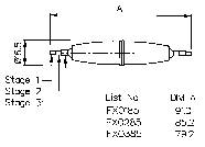 Diagram třístupňového procesu v cylindrickém potrubí, označený 'Stupeň 1', 'Stupeň 2', 'Stupeň 3'. Obsahuje seznam a identifikační čísla.