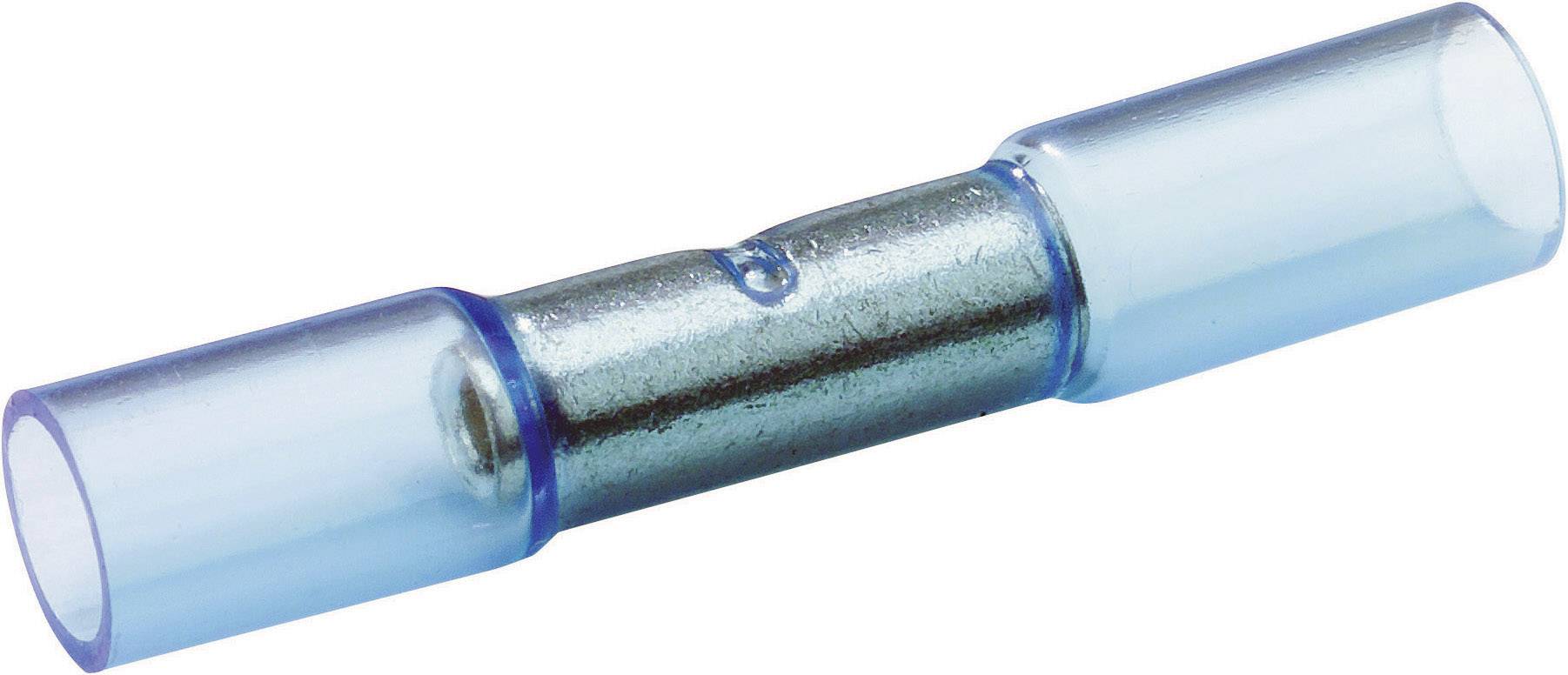 Modrý smršťovací konektor s kovovým jádrem, který se používá pro vodotěsné spojení a opravu kabelů.