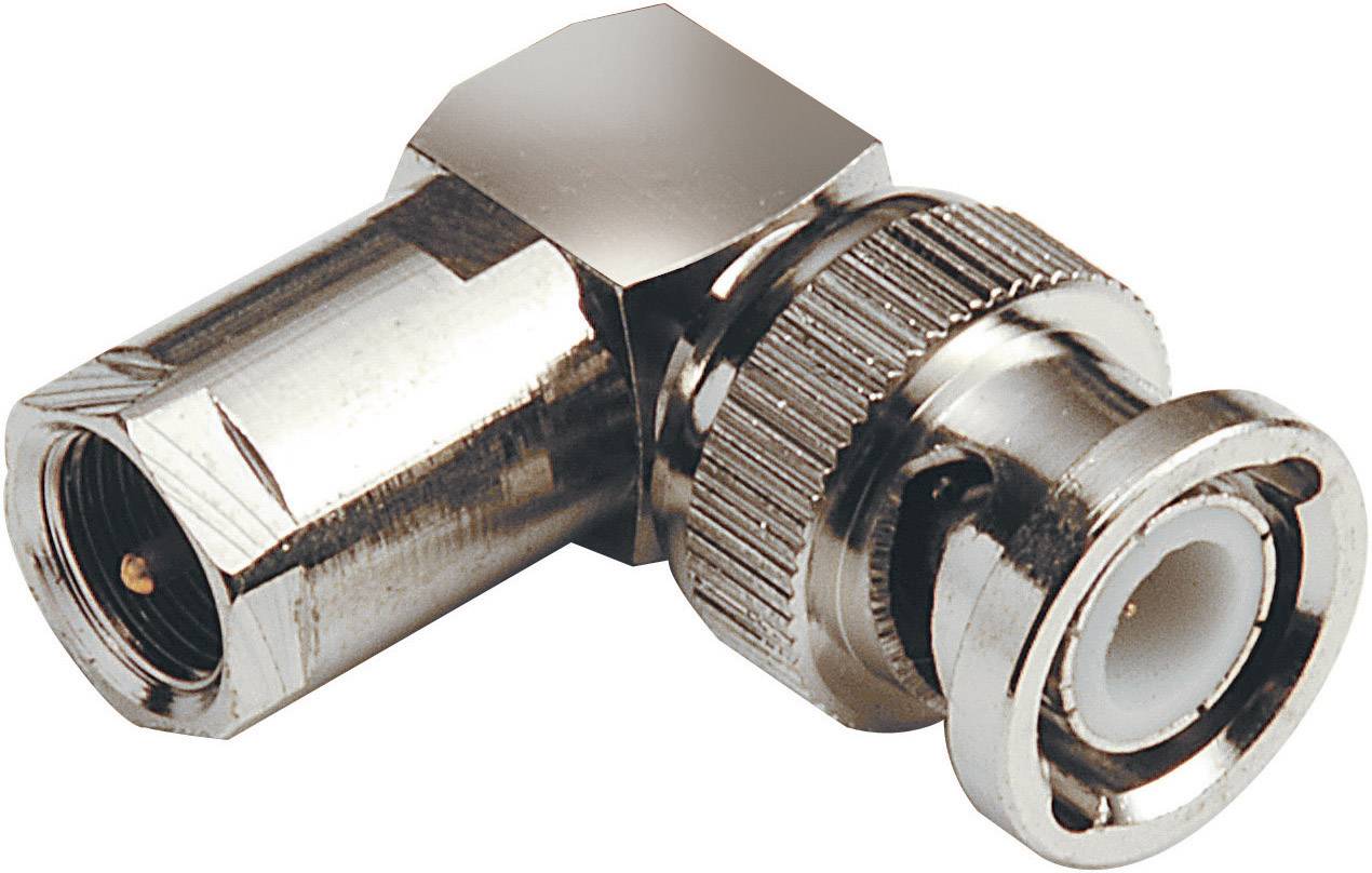 Kovový spojovací díl se závitem a zásuvným mechanismem, pravděpodobně určený pro elektronické nebo kabelové spoje.
