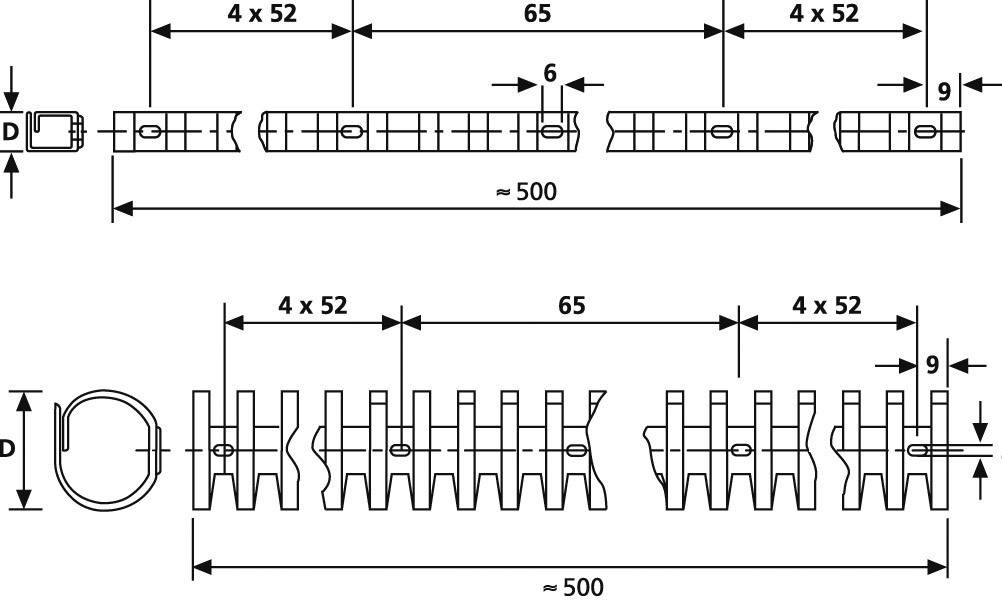 Technický výkres mechanického řetězu s rozměrovými údaji: délka přibližně 500 mm, široké články a spoje jsou vyznačeny.