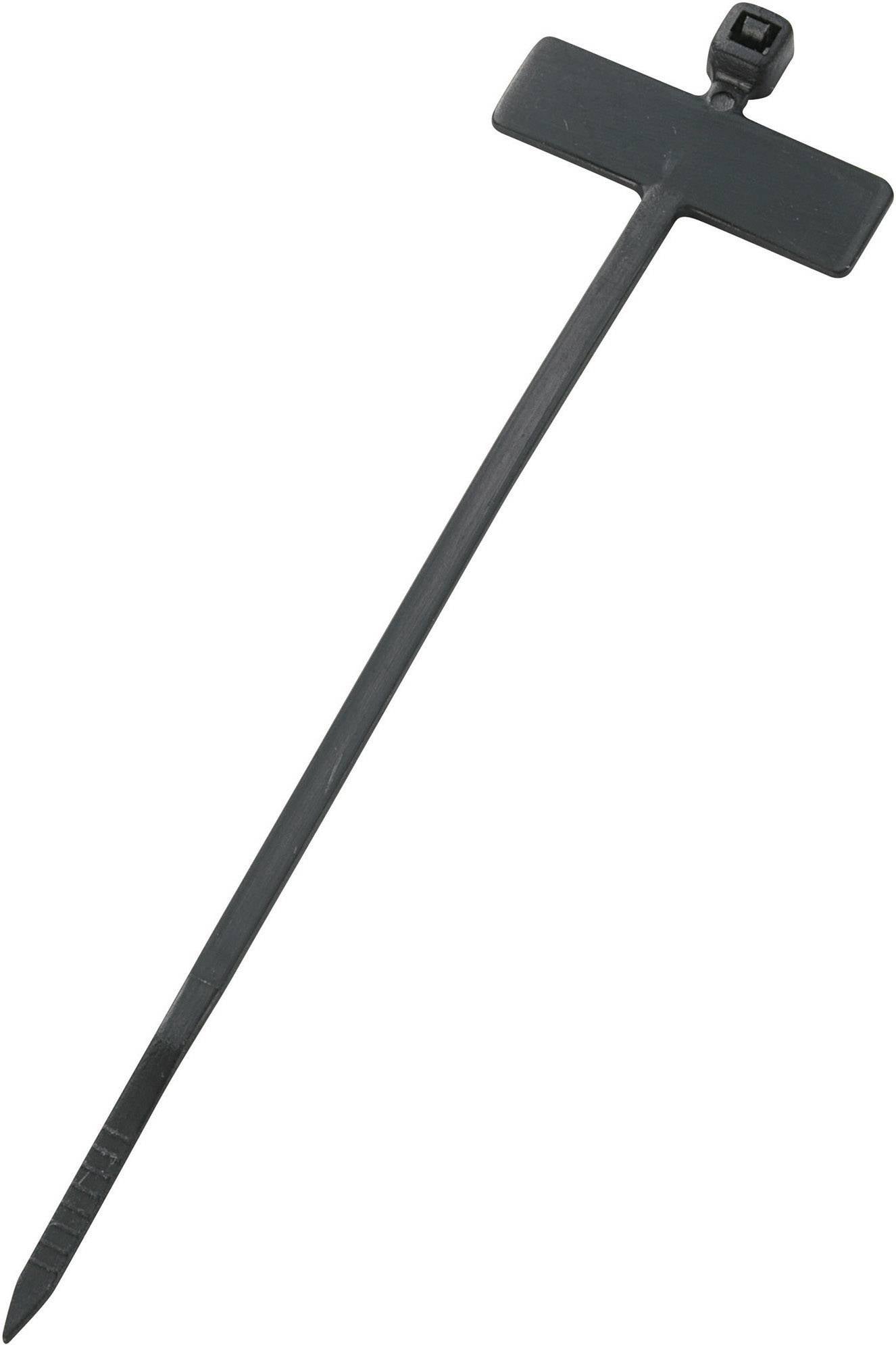 Černý stahovací pásek s obdélníkovou etiketou na konci pro popis. Ideální pro označování kabelů nebo trubek.