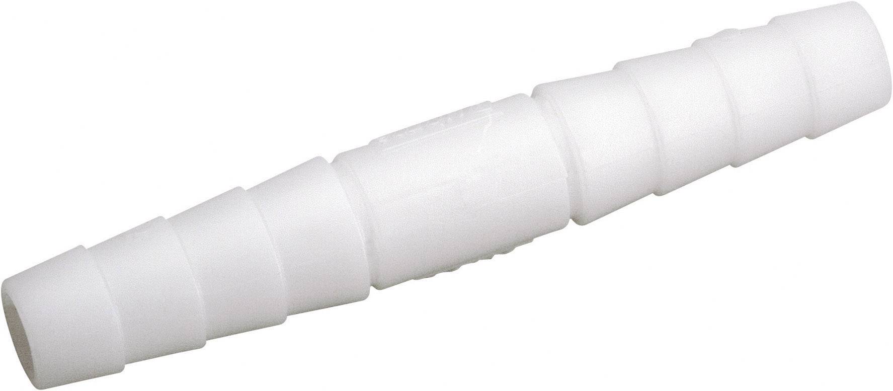 Bílý, kuželovitý hadicový konektor pro plastové potrubí s několika stupni, který umožňuje připojení trubek s různými průměry.