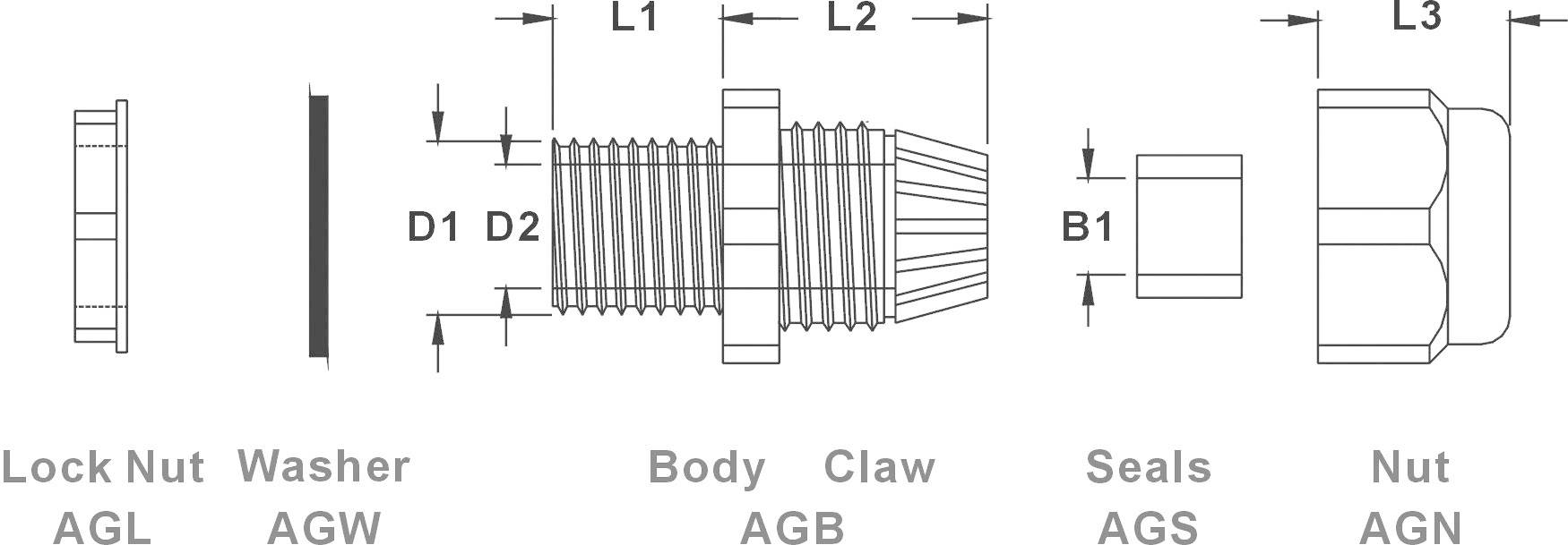 Diagram šroubového spoje: Pojistná matice AGL, podložka AGW, těleso AGB s rozměry D1, D2, L1, L2, čelisti, těsnění AGS, matice AGN a rozměr B1, L3.