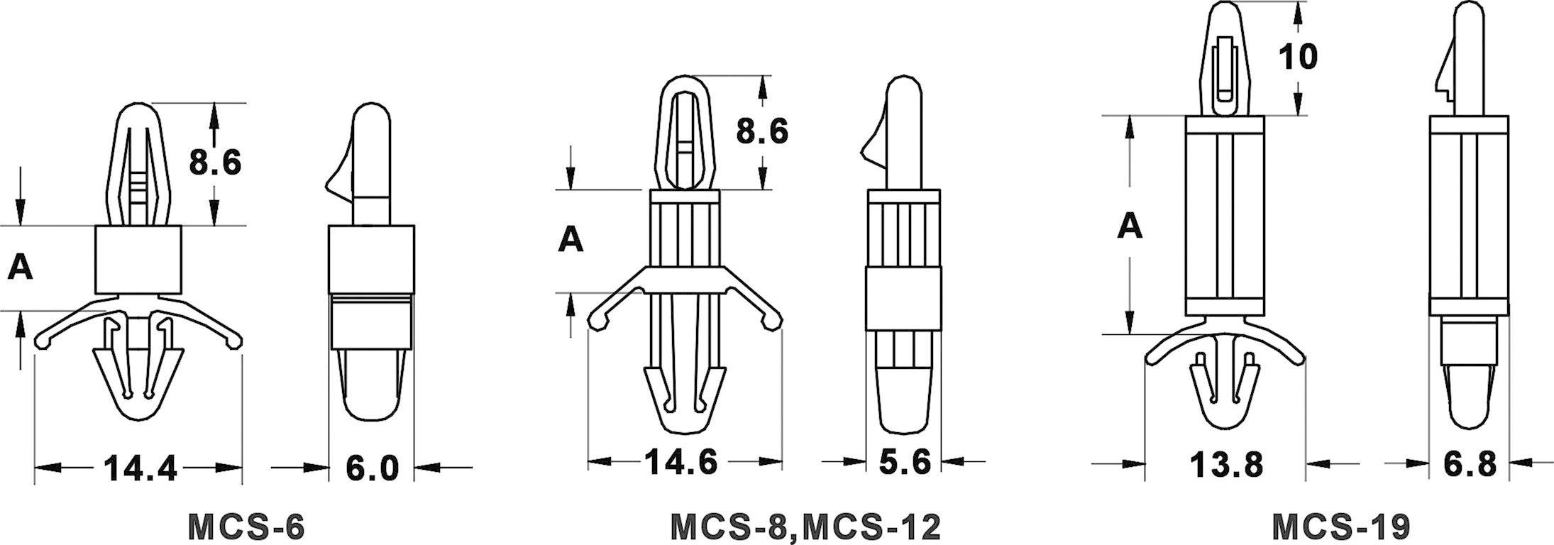 Technický výkres čtyř plastových hmoždinek s rozměry. Modely: MCS-6, MCS-8, MCS-12, MCS-19. Každá má odlišné rozměry a tvar.