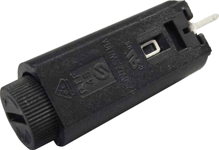Černý elektrický odpor s otočnou hlavou a kovovým připojením, označený jako 'PTC'.