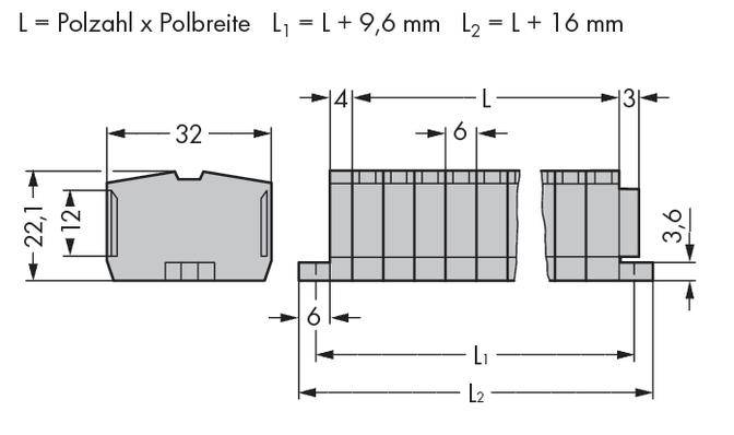 'Diagram pro konektor: L = počet pólů × šířka pólu, L1 = L + 9,6 mm, L2 = L + 16 mm. Rozměry: 22,1 x 32 mm, výška 6 mm. Boční pohled a pohled shora.'