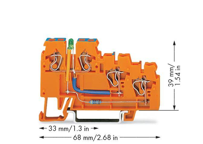 Oranžový svorkovnicový blok s vnitřními elektrickými spojeními, zelenou LED kontrolkou a rozměry: 39 mm vysoký, 68 mm široký.