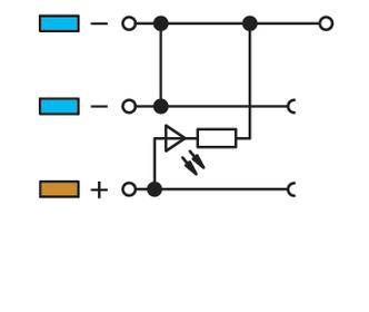 Schéma zapojení se symboly elektrických připojení, zobrazující propojení zdroje proudu s komponenty pomocí šipky a symbolu diody.