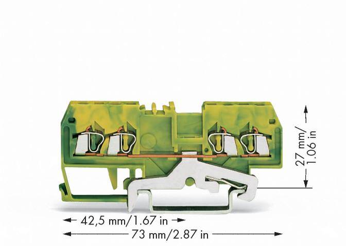 Na obrázku je znázorněná zeleno-žlutá izolovaná elektrická svorka s rozměry: výška 27 mm, šířka 73 mm, hloubka 42,5 mm.