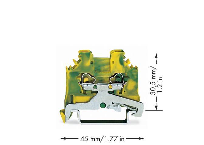 Kovová část v žluto-zelené konzoli, široká 45 mm a vysoká 30,5 mm, se dvěma kovovými sponkami, pravděpodobně určená k upevnění.