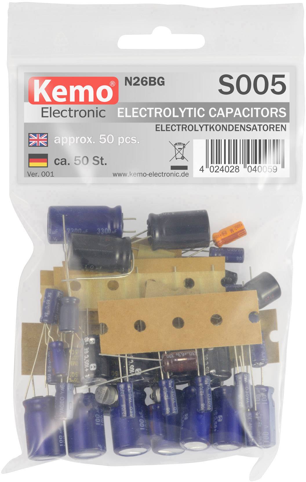 Sáček přibližně 50 elektrolytických kondenzátorů různých velikostí. Nápis obsahuje specifikace produktu a číslo artiklu S005.