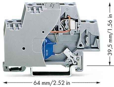 Elektronická součástka s šedým pouzdrem. Rozměry uvedeny: 64 mm x 39,5 mm. Zobrazuje vnitřní obvody a komponenty.