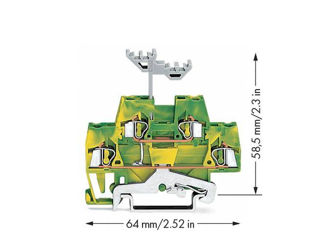Příčný řez zeleného elektrického připojovacího bloku s rozměry: 64 mm/2,52 palce šířky a 58,5 mm/2,3 palce výšky.