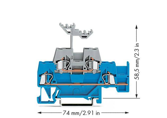Modrý elektrický svorkovnicový blok s šedými přípojkami. Rozměry: 74 mm široký, 58,5 mm vysoký. Šipky ukazují rozměry.