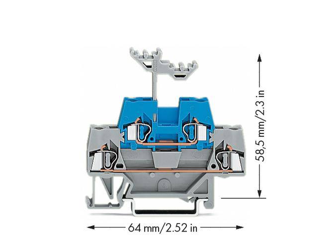 Modrá elektrická svorka s několika připojovacími body, vysoká 58,5 mm a široká 64 mm, namontovaná na šedé základně.