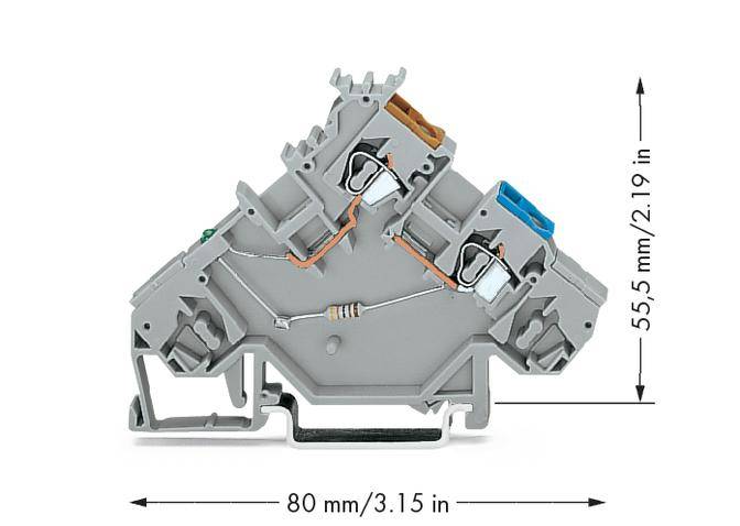 Šedý trojúhelníkový elektrický konektor s délkou 80 mm a výškou 55,5 mm, zobrazující body pro kabely a připojení.
