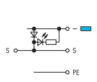 Schéma zapojení elektronického zařízení s diodami a rezistory. Body vlevo a vpravo jsou označeny 'S', dole je nápis 'PE'.