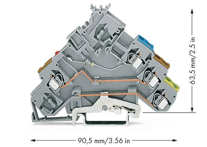 Šedý tříposchoďový řadový svorkovnicový blok s barevně označenými spoji o rozměrech 90,5 mm x 63,5 mm.