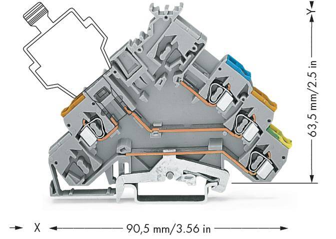 Elektrický svorkovnicový blok s detaily pro montáž a rozměry: šířka 90,5 mm, výška 63,5 mm. Bezpečně spojuje kabely.