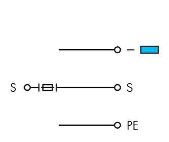 Diagram se třemi paralelními linkami. Horní linka ukazuje spojení s modrým obdélníkovým blokem. Prostřední linka zobrazuje symboly pro 'S', spínač a další 'S'. Spodní linka obsahuje 'PE'.
