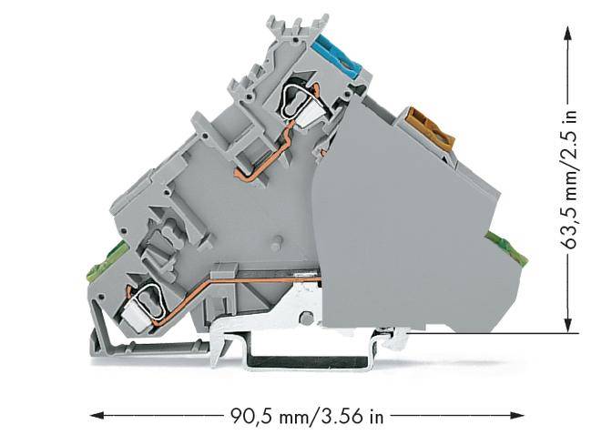 Šedý plastový svorkovnicový blok s drátovými spoji, boční pohled. Rozměry: 90,5 mm široký, 63,5 mm vysoký.