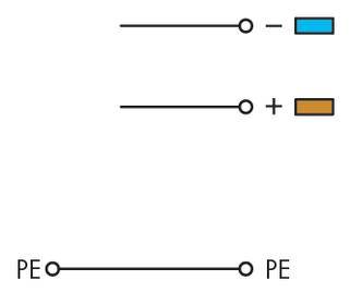 Diagram elektrických obvodů: Nahoře dva různé spínací symboly s modrým a hnědým označením, dole symbol PE.