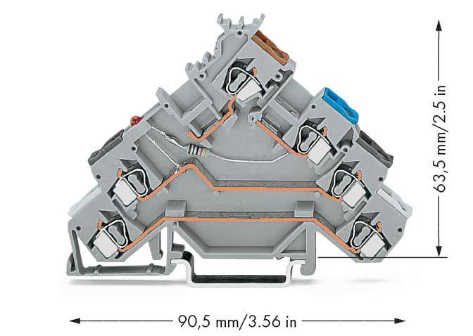 Šedý elektrický konektor s několika přípojkami a barevnými prvky. Rozměry: 90,5 mm x 63,5 mm.