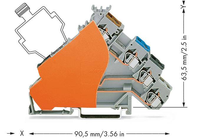 Šikmý svorkovnicový blok v oranžovo-šedé barvě s rozměry 90,5 mm délky a 63,5 mm výšky. Elektronické přípojky jsou viditelné.