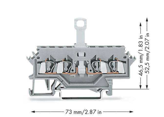 Řez elektrické svorky s integrovanými přípoji a rozměry: výška 46,5 mm, šířka 73 mm, hloubka 52,5 mm.