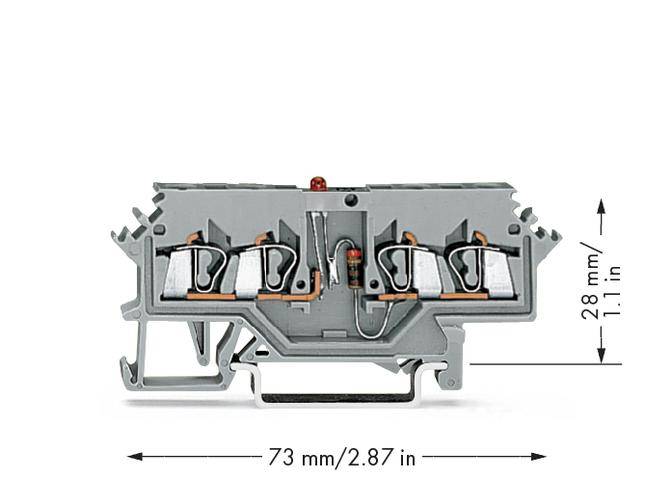 Šedý elektro-svorkovnicový systém s červenými spínači, rozměry průřezu 73 mm (2,87 palce) šířky a 28 mm (1,1 palce) výšky.