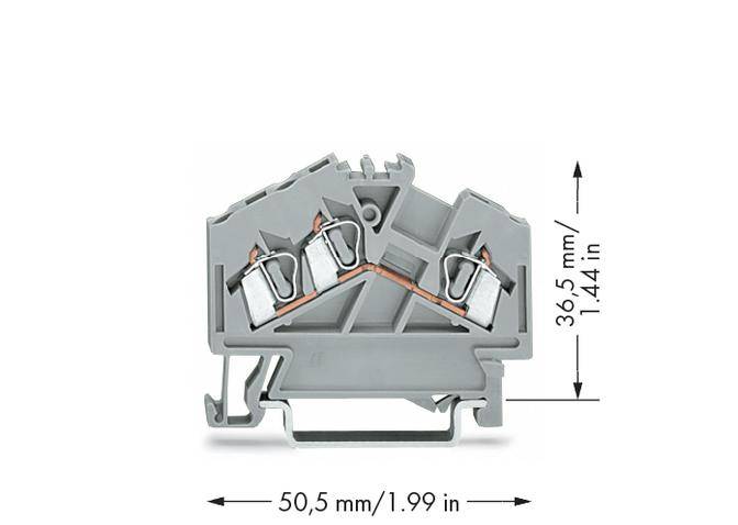 Šedý elektrický svorkovnicový kryt s rozměry: výška 36,5 mm (1,44 palce), šířka 50,5 mm (1,99 palce).